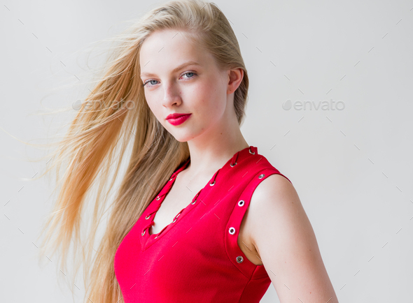 Nice Woman In Red Dress Blonde Short Hair Fashion Female Portrait Cute